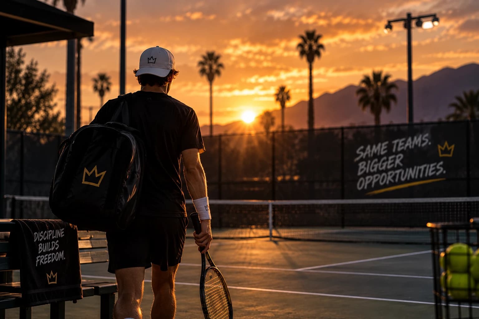 An ELF Team tennis player standing courtside at golden hour with palm trees in the background.