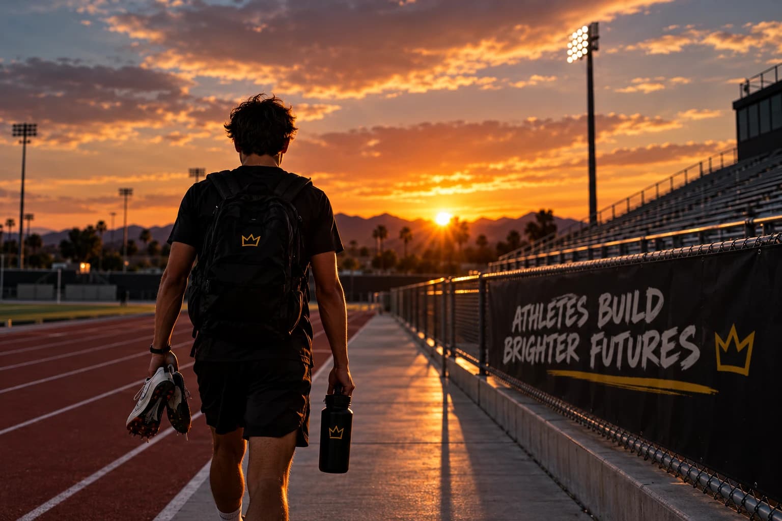 An ELF Team athlete walking along a track at sunset, carrying spikes and a water bottle.